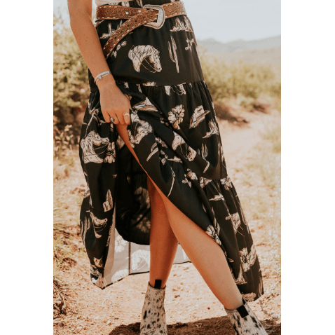 Vita Black Western Print Tiered Ruffled High Waist Maxi Skirt