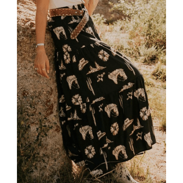 Vita Black Western Print Tiered Ruffled High Waist Maxi Skirt