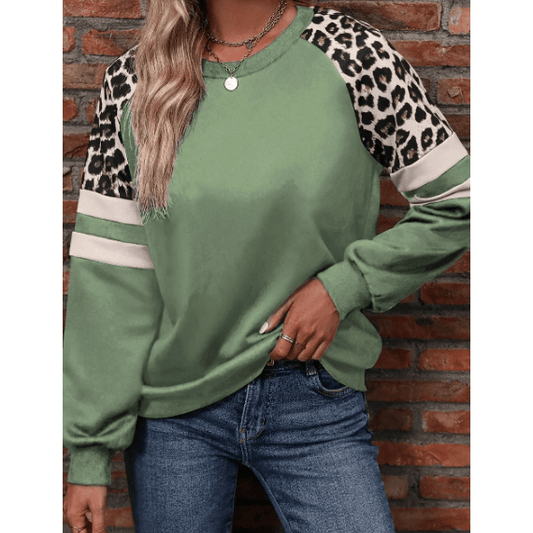 Korbyn Grass Green Leopard Print Colorblock Raglan Sleeve Sweatshirt