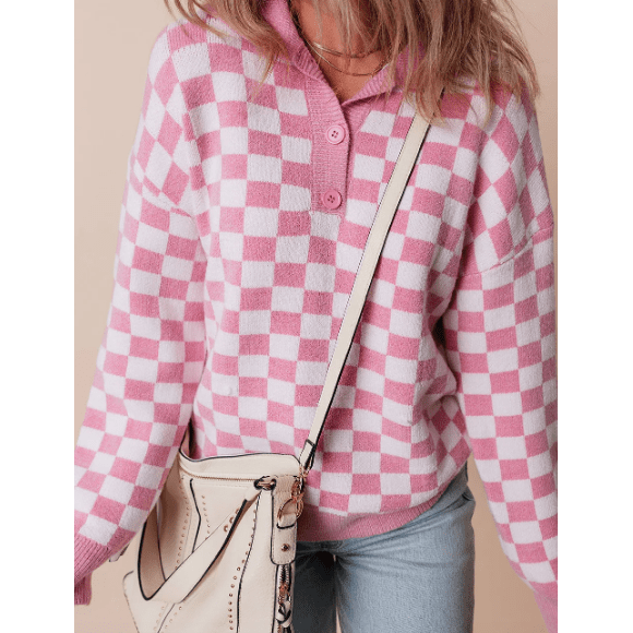 Janetta Pink Checkered Buttons Collar V Neck Drop Shoulder Sweater