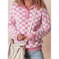 Janetta Pink Checkered Buttons Collar V Neck Drop Shoulder Sweater