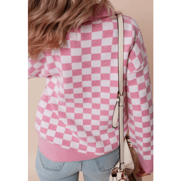 Janetta Pink Checkered Buttons Collar V Neck Drop Shoulder Sweater