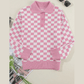 Janetta Pink Checkered Buttons Collar V Neck Drop Shoulder Sweater