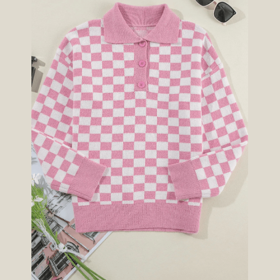 Janetta Pink Checkered Buttons Collar V Neck Drop Shoulder Sweater