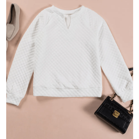 Pearline White Split Neck Quilted Long Sleeve Top