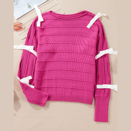 Astra Hot Pink Bow Knot Cut Out Round Neck Loose Sweater