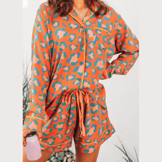 Esther Orange Leopard Print Long Sleeve Shirt and Shorts Pajama Set