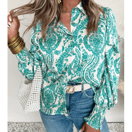 Hancelle Green Paisley Print Smocked Cuff Buttoned Loose Shirt