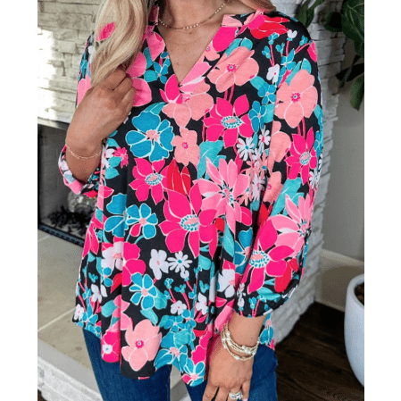 Marcy Pink Floral V Neck Roll Tab Sleeve Blouse