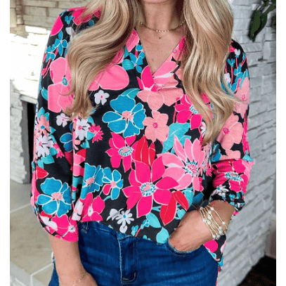 Marcy Pink Floral V Neck Roll Tab Sleeve Blouse