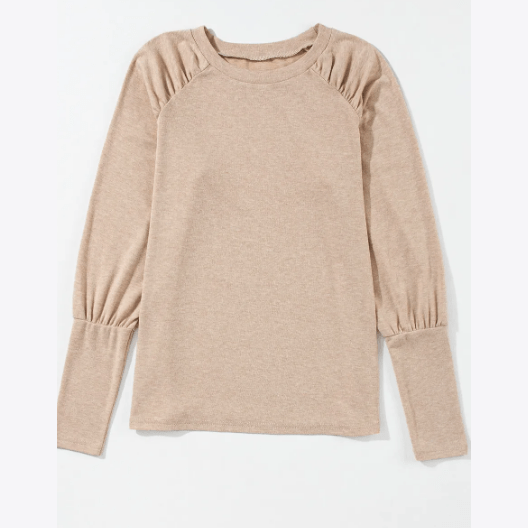 Kirky Pale Khaki Solid Ruched Raglan Sleeve Knit Top