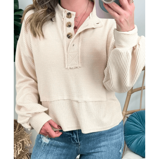 Apryl Apricot Corded Texture Lantern Sleeve Buttons Henley Top