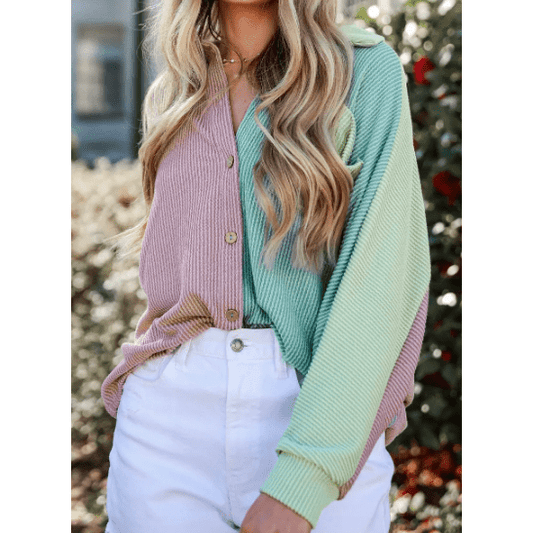 Haleigh Color Block Corded Buttoned Oversized Shacket