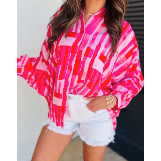 Kat Pink Abstract Print Batwing Sleeve Casual Shirt