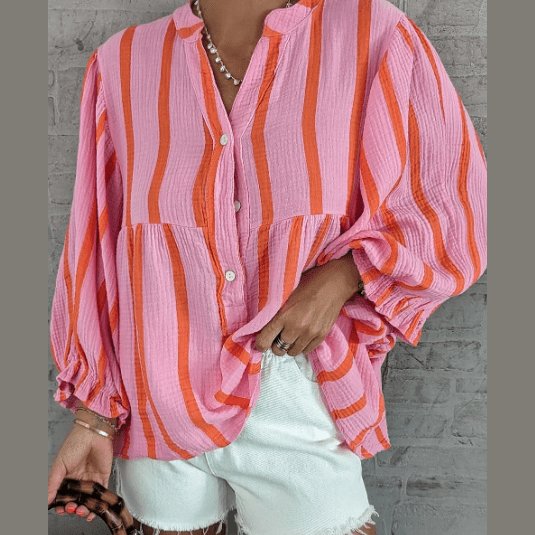 Reggi Orange Stripe Crinckled Ruffled Sleeve Button up Loose Shirt