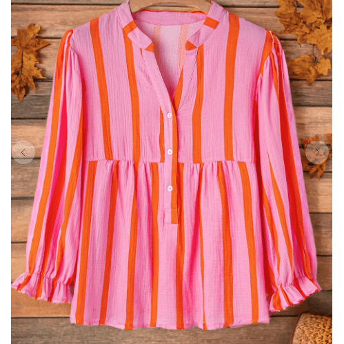 Reggi Orange Stripe Crinckled Ruffled Sleeve Button up Loose Shirt