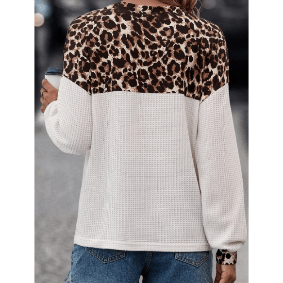 Lucinda White Leopard Waffle Knit Patchwork Button V Neck Top