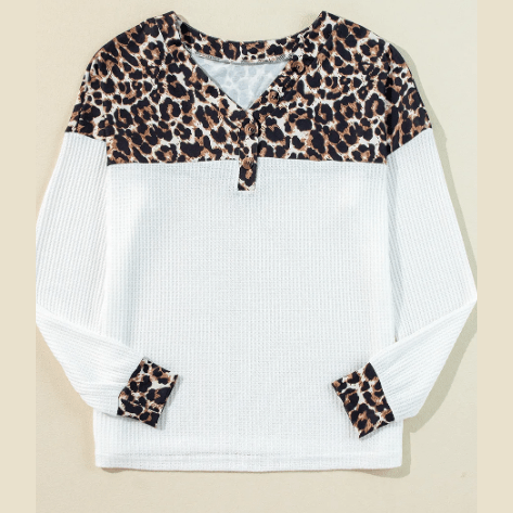 Lucinda White Leopard Waffle Knit Patchwork Button V Neck Top