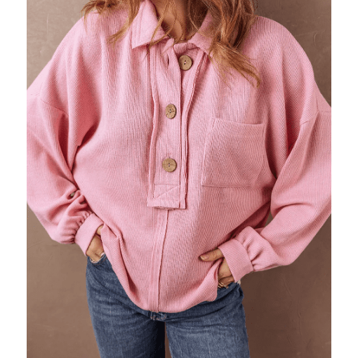 Corinne Pink Ribbed Knit Collared Henley Top with Chest Pocket