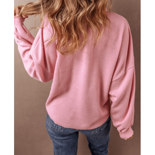 Corinne Pink Ribbed Knit Collared Henley Top with Chest Pocket