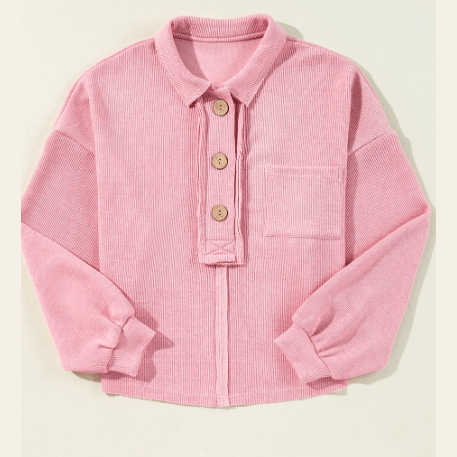 Corinne Pink Ribbed Knit Collared Henley Top with Chest Pocket