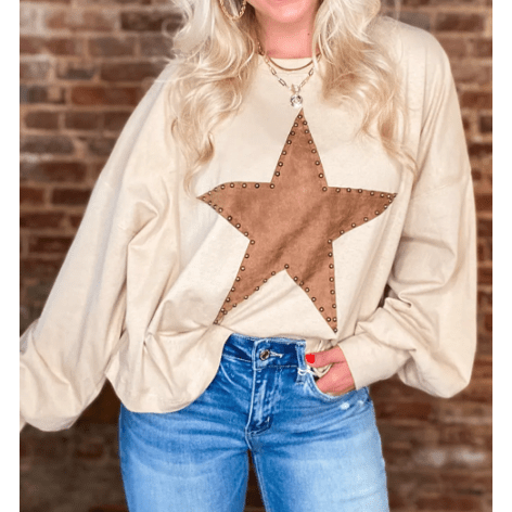 Darcie Apricot Studded Star Graphic Oversized Long Sleeve Top