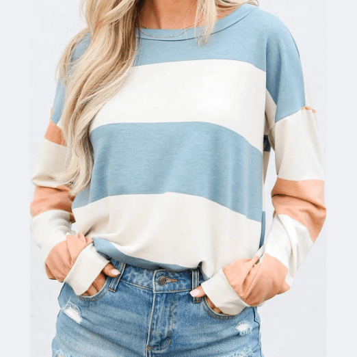 Lona Light Blue Colorblock Striped Drop Shoulder Long Sleeve Top