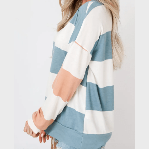 Lona Light Blue Colorblock Striped Drop Shoulder Long Sleeve Top