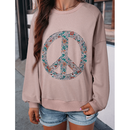 Floral Peace Symbol Drop Shoulder Sweatshirt