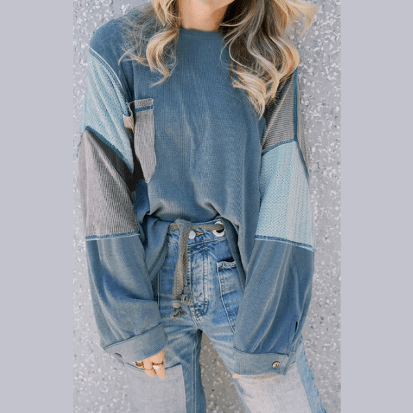 Jora Dusk Blue Colorblock Stitching Patchwork Buttoned Long Sleeve Top