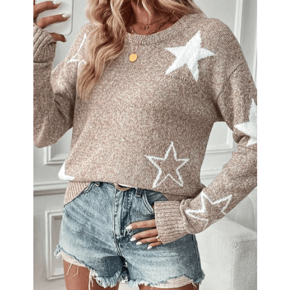 Lynda Khaki Star Pattern Drop Shoulder Sweater