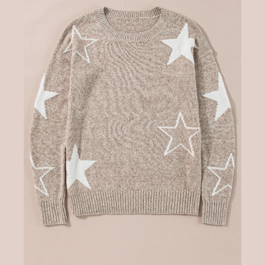 Lynda Khaki Star Pattern Drop Shoulder Sweater