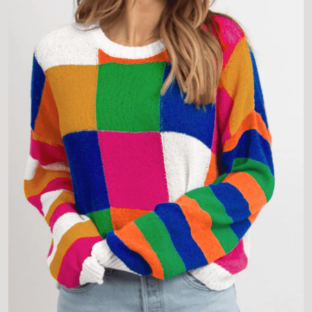 Veda Orange Checkered Color Block Round Neck Loose Sweater