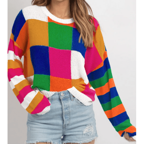 Veda Orange Checkered Color Block Round Neck Loose Sweater