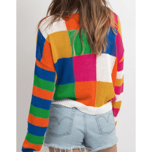 Veda Orange Checkered Color Block Round Neck Loose Sweater