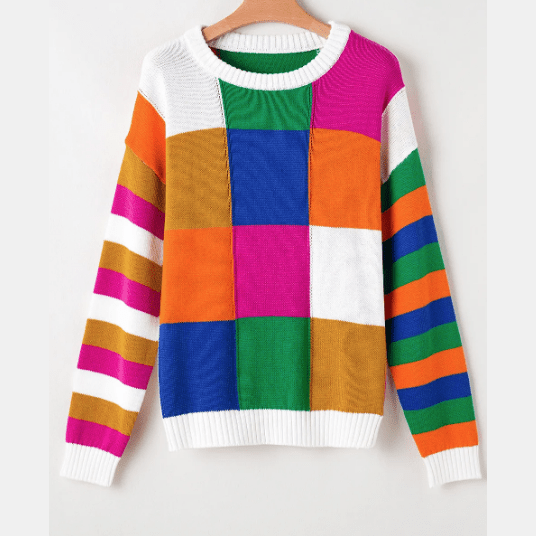 Veda Orange Checkered Color Block Round Neck Loose Sweater