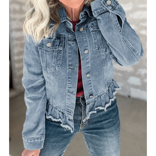 Kaynette Beau Blue Ruffle Raw Hem Flap Pockets Denim Jacket