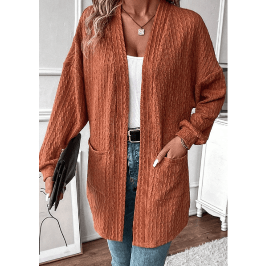 Kenia Chestnut Textured Knit Side Pockets Open Front Cardigan