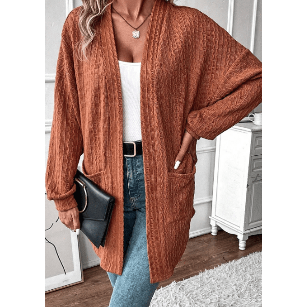 Kenia Chestnut Textured Knit Side Pockets Open Front Cardigan