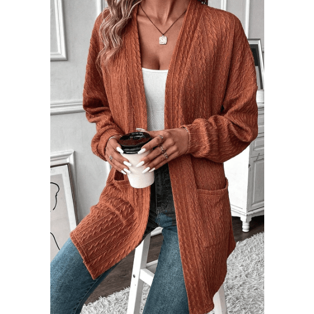 Kenia Chestnut Textured Knit Side Pockets Open Front Cardigan