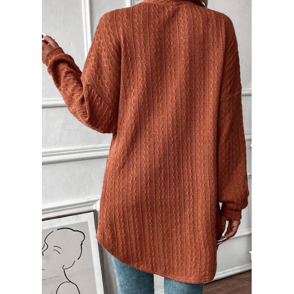 Kenia Chestnut Textured Knit Side Pockets Open Front Cardigan