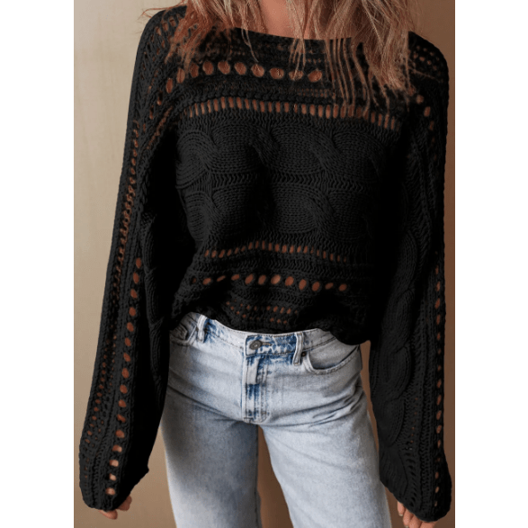 Livvie Black Hollow-out Cable Knit Cropped Sweater