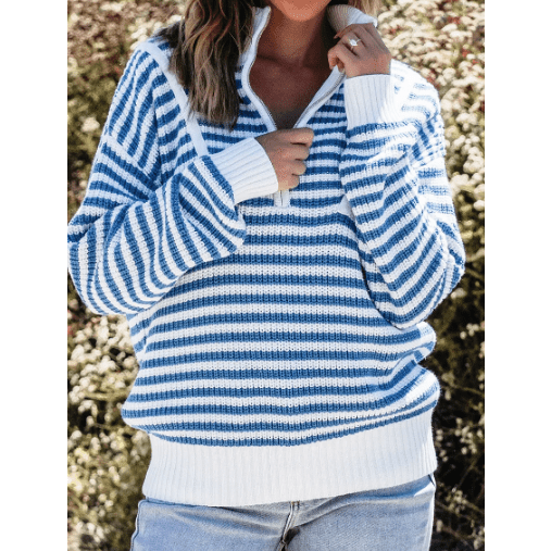 Tanna Sky Blue Stripe Zip up Collar Drop Shoulder Sweater