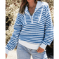 Tanna Sky Blue Stripe Zip up Collar Drop Shoulder Sweater