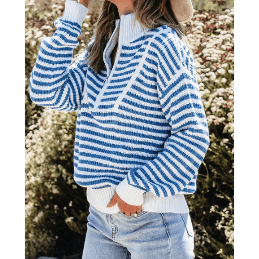 Tanna Sky Blue Stripe Zip up Collar Drop Shoulder Sweater