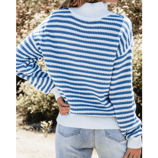 Tanna Sky Blue Stripe Zip up Collar Drop Shoulder Sweater