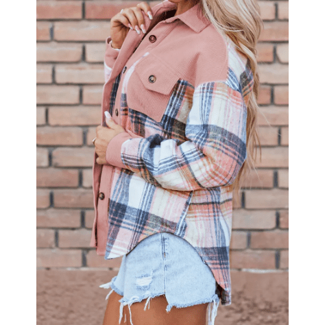 Jacinta Light Pink Plaid Corduroy Patchwork Chest Pocket Shacket