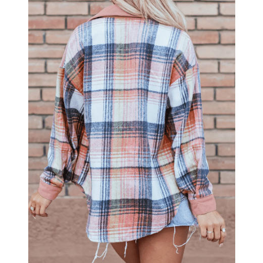 Jacinta Light Pink Plaid Corduroy Patchwork Chest Pocket Shacket