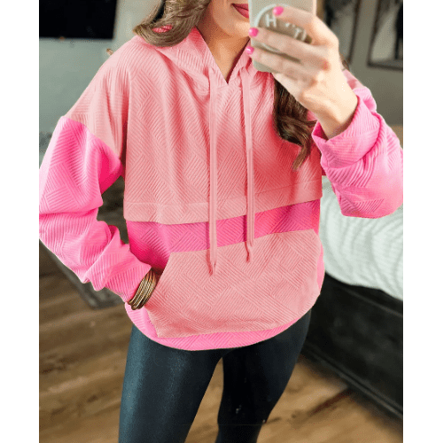 Roxi Pink Textured Color Block Kangaroo Pocket Drop Shoulder Hoodie