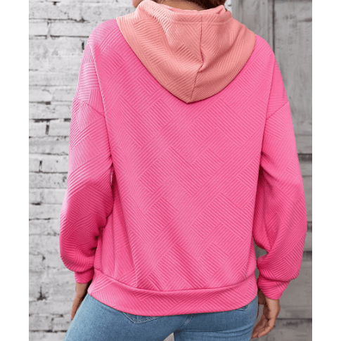 Roxi Pink Textured Color Block Kangaroo Pocket Drop Shoulder Hoodie